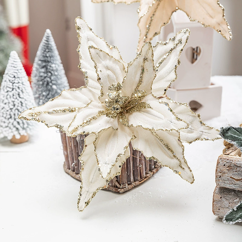Вельветовая декоративная poinsettia (цветок) 26 см, блестящая окантовка, красный/зеленый/платиновый/шампанское золото
