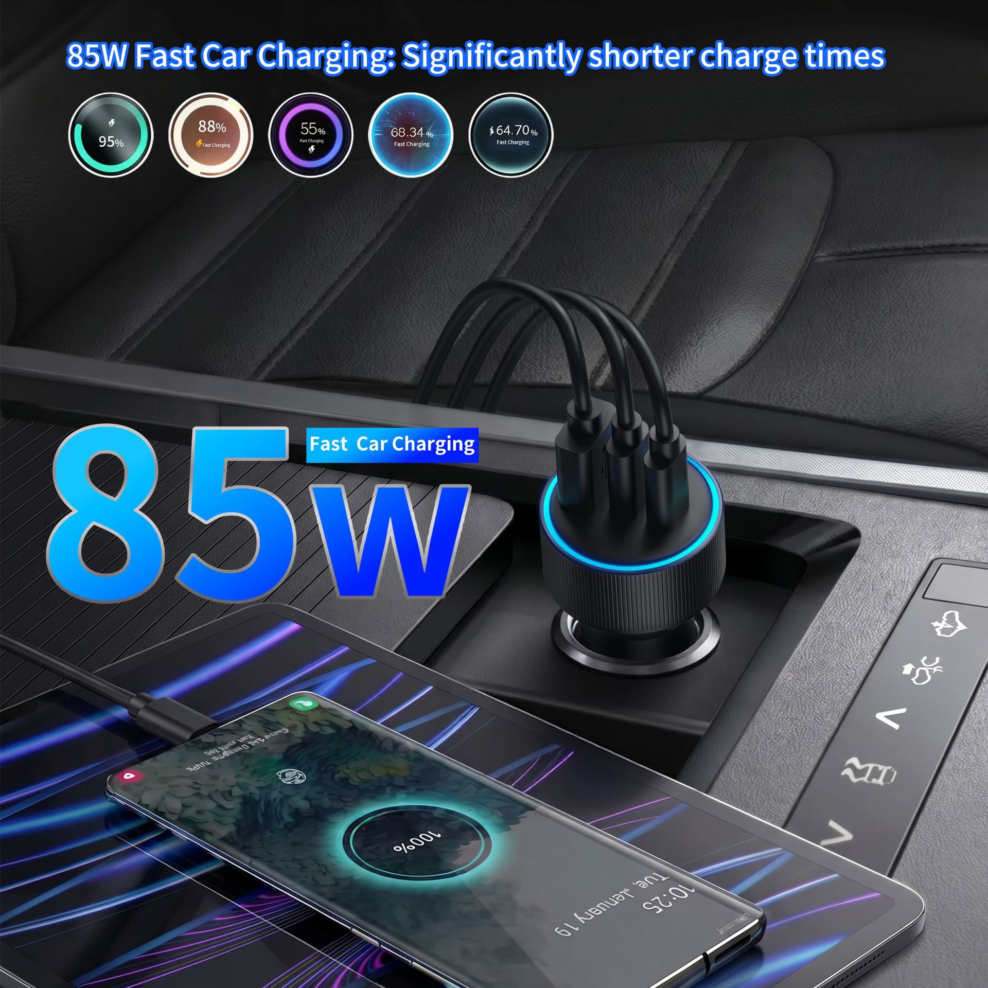 85W Aluminum Alloy Car Charger USB+Dual PD Multi-port Smart Cigarette Lighter One-to-Three Mobile Phone Fast Charging Car Charger