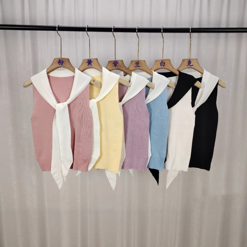French Navy Collar Contrasting Color Stitching Lace-Up Knitted Vest Summer New Style Gentle Style Sweet Age-Reducing Sleeveless Top