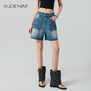 解构翻盖口袋/高腰牛仔短裤女工装毛边三分复古26夏季新款显瘦潮