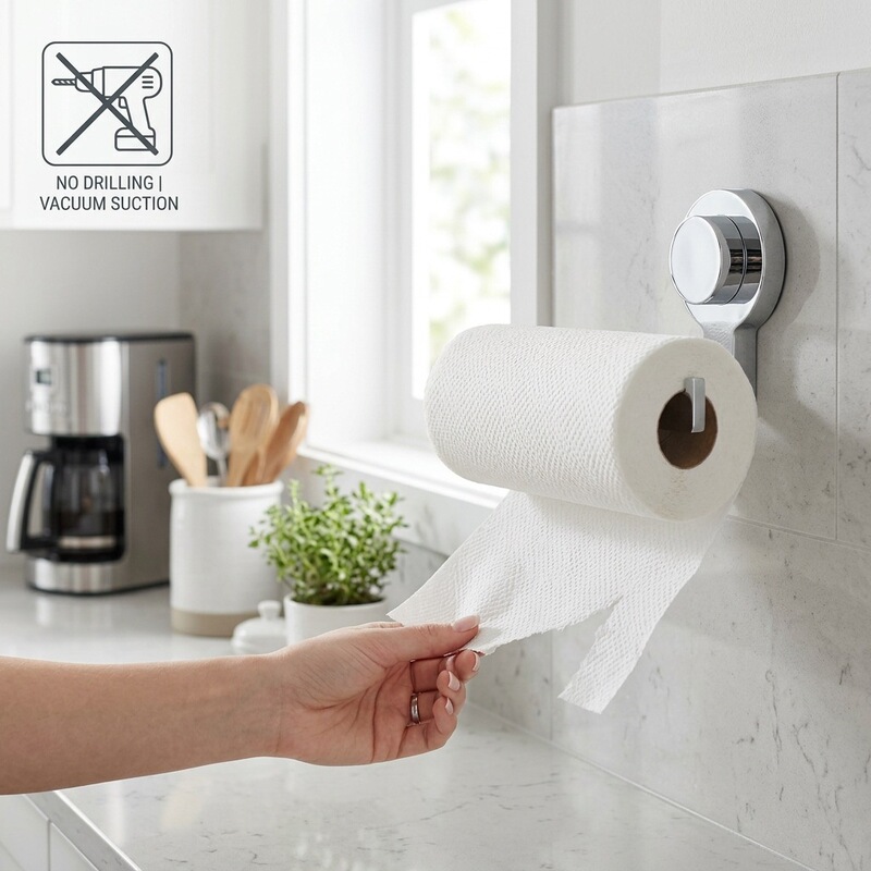 Suction cup kitchen paper towel holder, no-drill cabinet paper roll holder, lazy person's paper towel and cling film dispenser Suction cup kitchen paper towel holder, no-drill cabinet paper roll holder, lazy person's paper towel and cling film dispenser