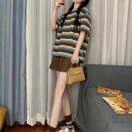 【仿棉斜纹拉架】夏季新款休闲运动服套装女条纹宽松短袖短裤两件