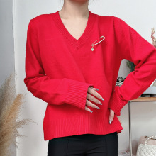 [现货]杨颖同款新年红色宽松毛衣字母提花百搭减龄外穿针织上衣女