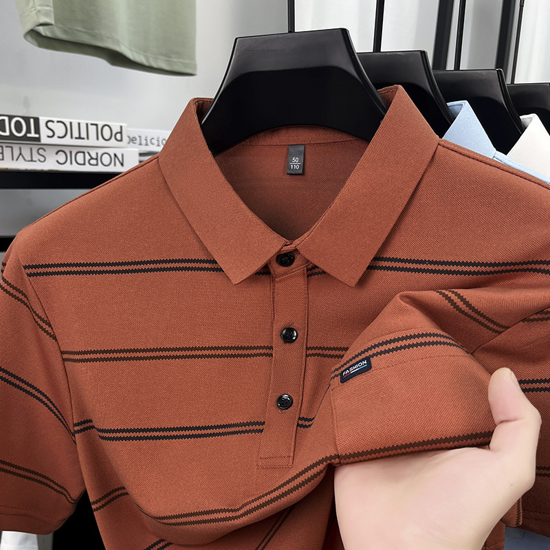 Lel Ice Silk Men's Short-sleeved Polo Shirt 2025 Summer New Style Striped Real Pocket Middle-aged and Elderly Short-sleeved T-shirt Lel Ice Silk Men's Short-sleeved Polo Shirt 2025 Summer New Style Striped Real Pocket Middle-aged and Elderly Short-sleeved T-shirt