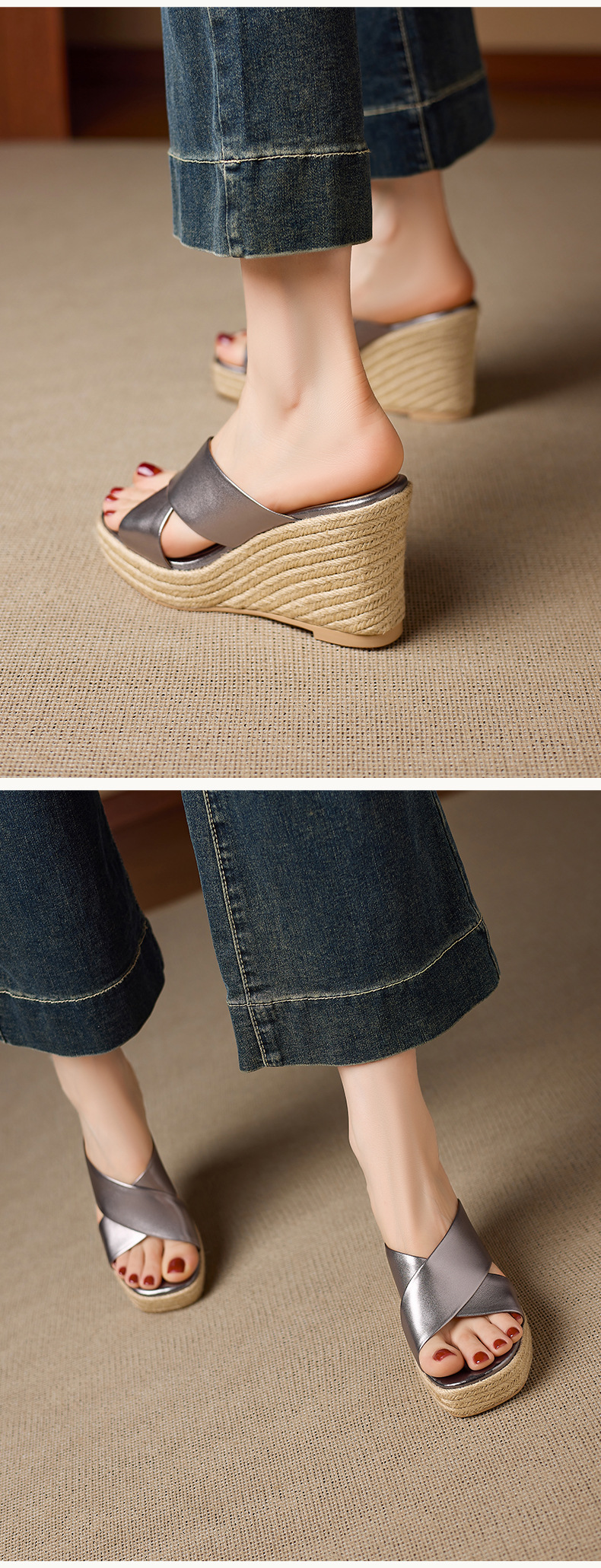 Dép sandal nữ quai chéo đế xuồng bện cói gót cao 5 cm — Da lộn màu hạnh nhân, Da bò thượng hạng màu súng chi tiết 9