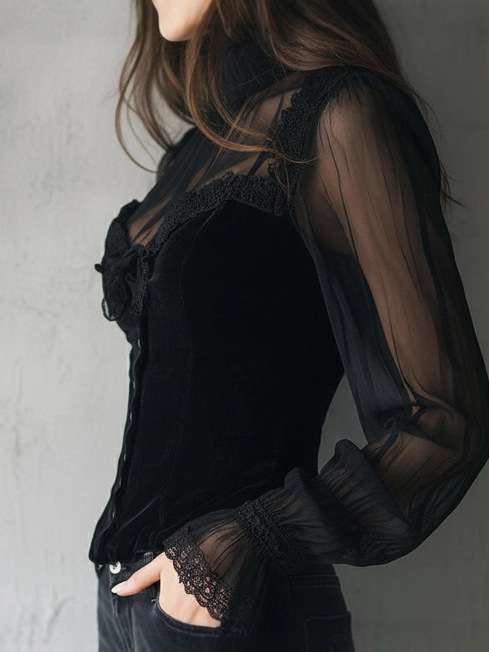 Europa y los Estados Unidos transfronterizos de la nueva moda de mujer temperamento elegante malla de encaje empalmado chaleco de terciopelo perspectiva sexy camisa de encaje image 5