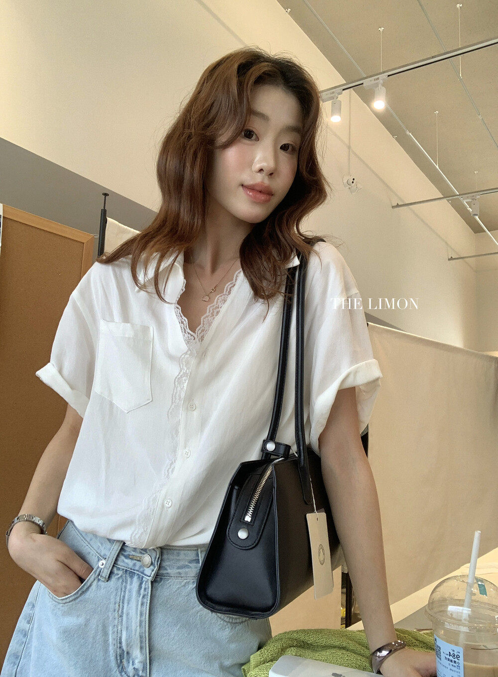 Áo sơ mi tay ngắn nữ phối ren viền cổ, dáng rộng mùa xuân hè — màu trắng, Xanh da trờicolor chi tiết 14