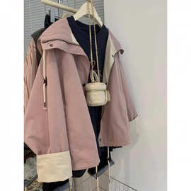 韩系慵懒复古高级感宽松显瘦抽绳连帽小个子日系工装风衣短外套女