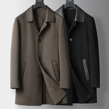 秋冬中年西装领绵羊皮拼接装饰纯羊毛双面呢大衣男中长款时尚外套