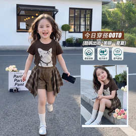 2026女童夏季新款简约风时尚猫咪印花短袖格子布短裤时髦吸睛炸街