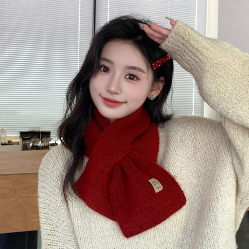 Korean-style knitted yarn solid color scarf for women, autumn and winter ambiance, cross narrow type small scarf, student versatile warm