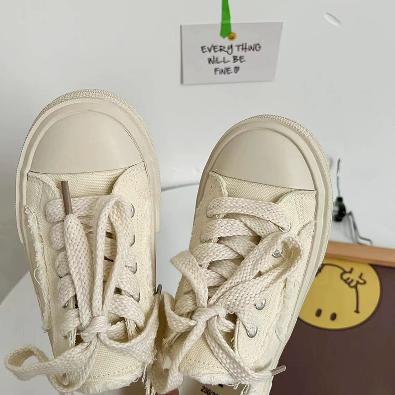 2023 spring and summer canvas shoes for women ulzzang lace-up tassels Korean version all-match casual shoes ins Hong Kong style skateboard shoes