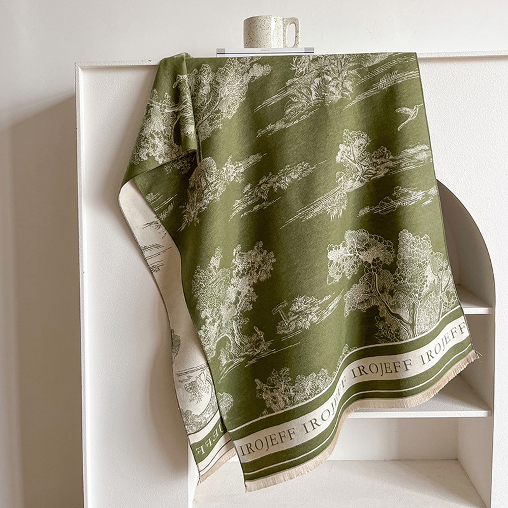 Jacquard Landscape Painting Cashmere Scarf For Women's Office Air-conditioned Room Thick And Warm Long Trendy Scarf_voghion.com