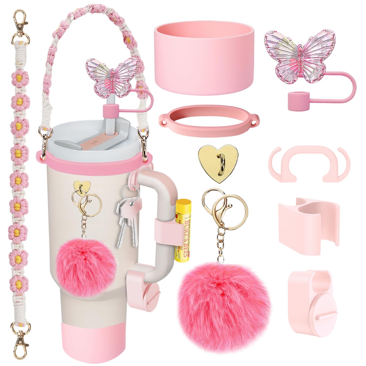Accesorios de taza Stanley colgante de cuerda de mano flor de silicona gorra de paja de peluche colgante de taza cadena de taza de color cubierta de taza