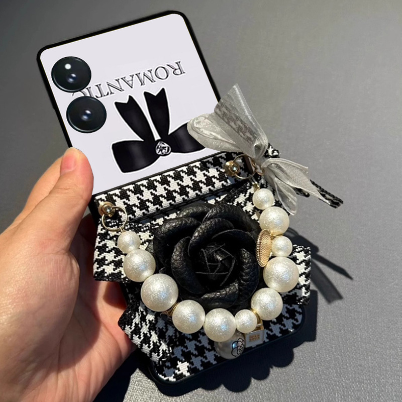 Suitable for Xiaomi Mixflip2 Mobile Phone Case Pearl Satchel Small Fragrance Flower Houndstooth Accessible Luxury High-Value Ins Style