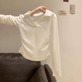 韩系polo领正肩纯棉长袖t恤女收腰褶皱显瘦小众设计感ins打底上衣