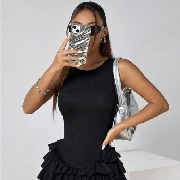 FF1430 夏季欧美女装Ebay女士性感露带坑条修身连衣裙蓬蓬裙