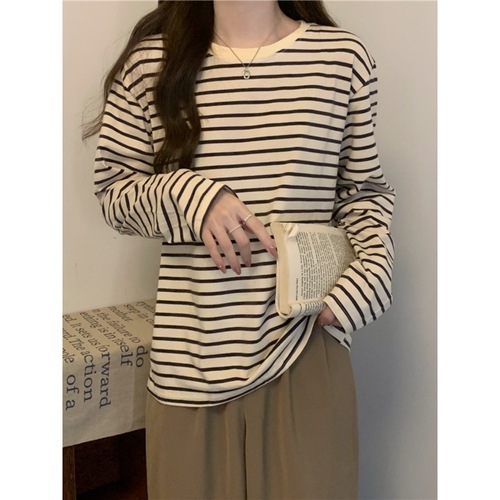 Women's Round Neck Long Sleeve T-Shirt 2025 Autumn Wear Loose Slimming Matchable Striped Base Shirt Casual Inner Layer Top