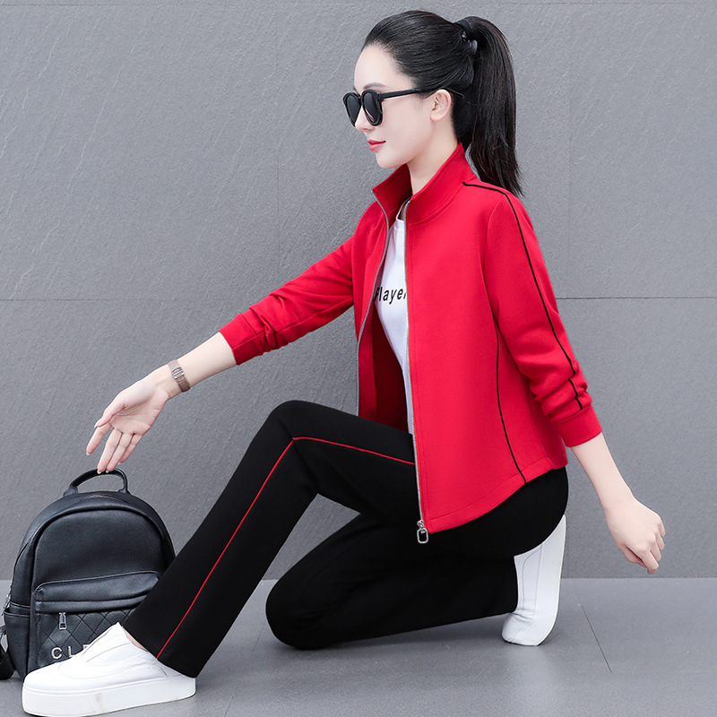 Middle-Aged Mother's High Cotton Fashion Casual Sports Three-Piece Set for Women Spring & Fall New Stand-Up Collar Cardigan Straight Pants Suit