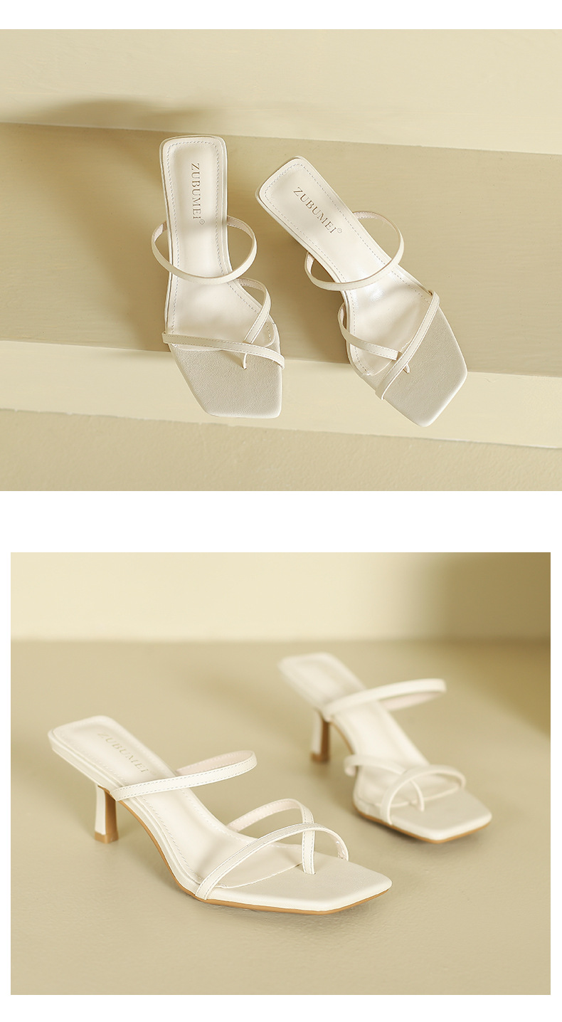 Sandal cao gót nữ mũi vuông quai xỏ ngón gót nhọn — Trắng be chi tiết 10