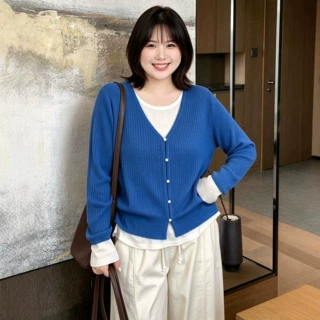 v领假两件开衫针织上衣女2026冬大码胖mm叠穿休闲百搭打底衫