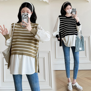 Pregnant Women's Top Stylish Pregnant Belly Covering Fashionable Loose Pregnant Stripe Stitching Fake Two-piece Shirt All-match Doll Shirt