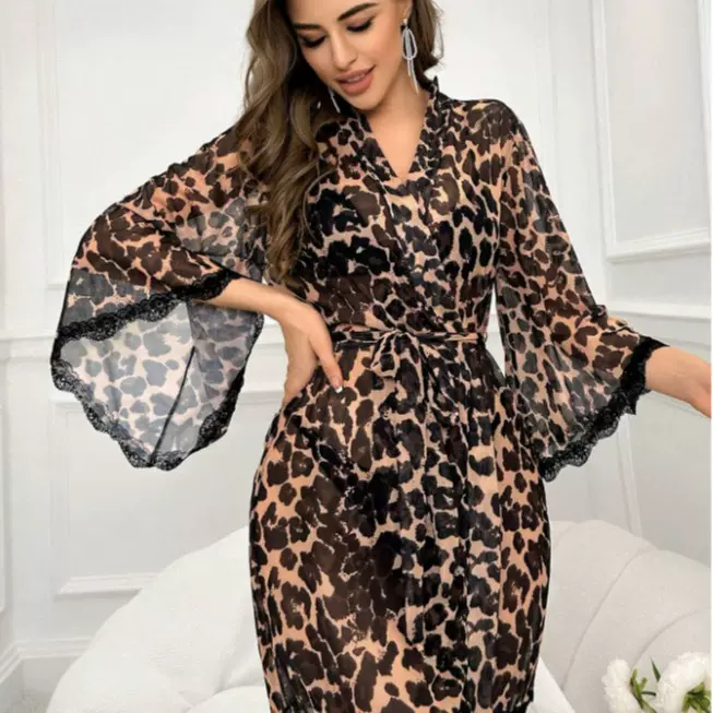 跨境外贸欧美新款情趣内衣性感女豹纹网纱睡袍长袍情趣套装批发