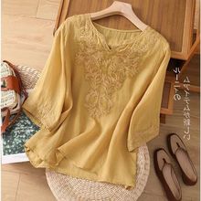 中年妈妈重工刺绣棉衬衫女2025夏季宽松大码遮肚显瘦套头衫棉上衣