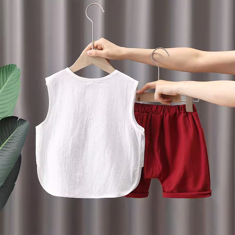 7886 Traje Hanfu de verano para niños, algodón y lino para niños, ropa nueva de verano, ropa de verano sin mangas de estilo occidental, traje de dos piezas de verano