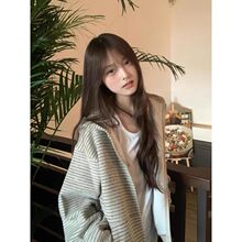 【兔毛绒400克】美式复古条纹开衫连帽卫衣女秋冬宽松情侣拉链外