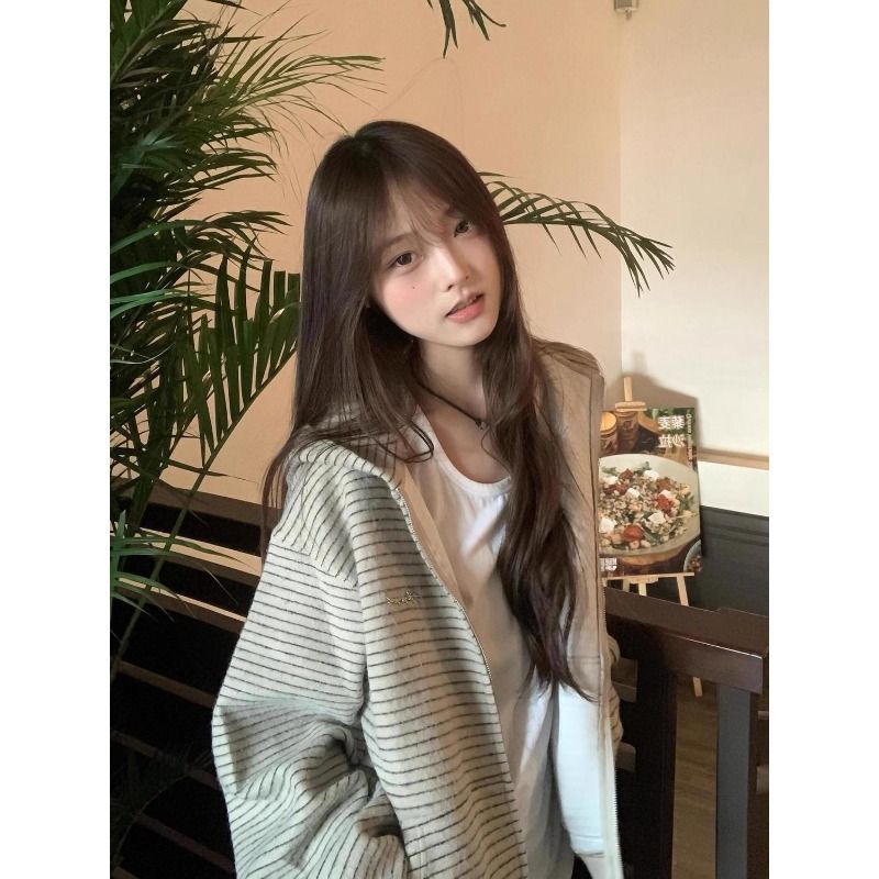 【兔毛绒400克】美式复古条纹开衫连帽卫衣女秋冬宽松情侣拉链外
