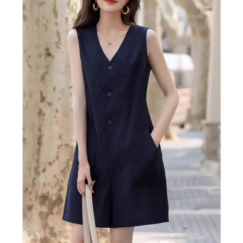 Navy Blue V-Neck Sleeveless Jumpsuit for Women, New Summer Fashion, High-End Feel, Loose Fit, Slimming Casual Jumpsuit