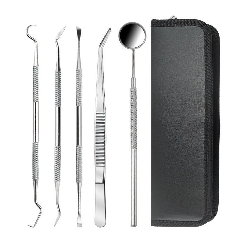 Silver five-piece dental tool set + black leather case