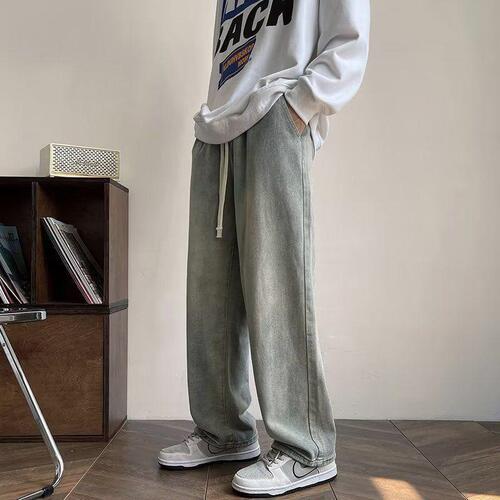 American jeans, men's summer washed, old niche yellow mud dyed trousers, fashion brand high street loose straight pants