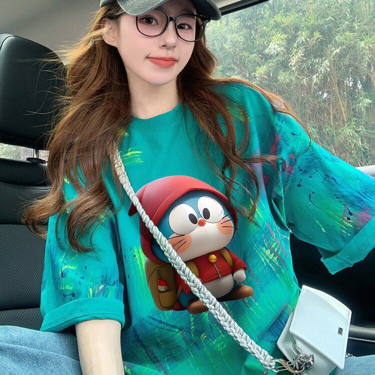 2025 Super Fire Tie-Dye Clove Style Cartoon Age-Reducing Design Pure Cotton Loose T-Shirt Women's Mid-Length Slimming Trendy Top