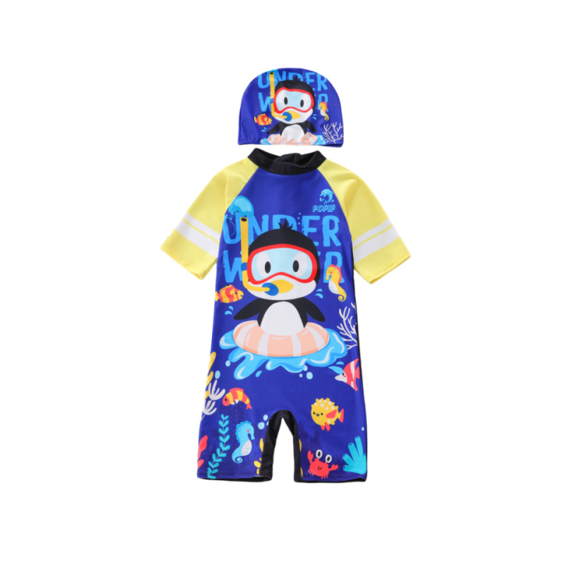 Nuevo traje de baño para niños, traje de baño para niños de una pieza para niños de mediana edad, traje de baño de pingüino pequeño de dibujos animados del tesoro para hombres, protector solar UPF50