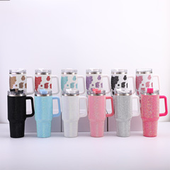 跨境批發大容量奶牛紋鑲鑽40oz手柄汽車杯帶手柄吸管杯冰霸杯