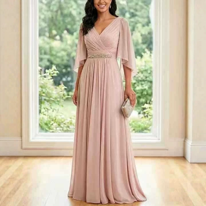 Women's Evening Dress V-Neck Long Sleeve Floor-Length Pleated Chiffon A-Line Elegant Gown for Banquets, Weddings, and Bridesmaids