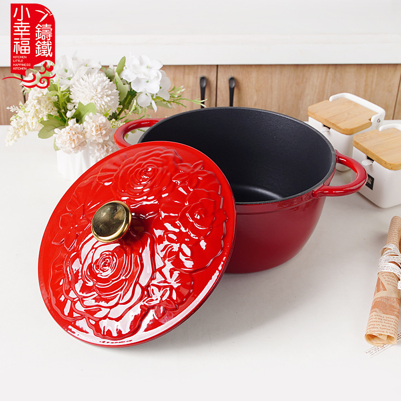 Pequeña felicidad 25cm en relieve hierro fundido cocinador de cocina multifuncional universal antiadherente