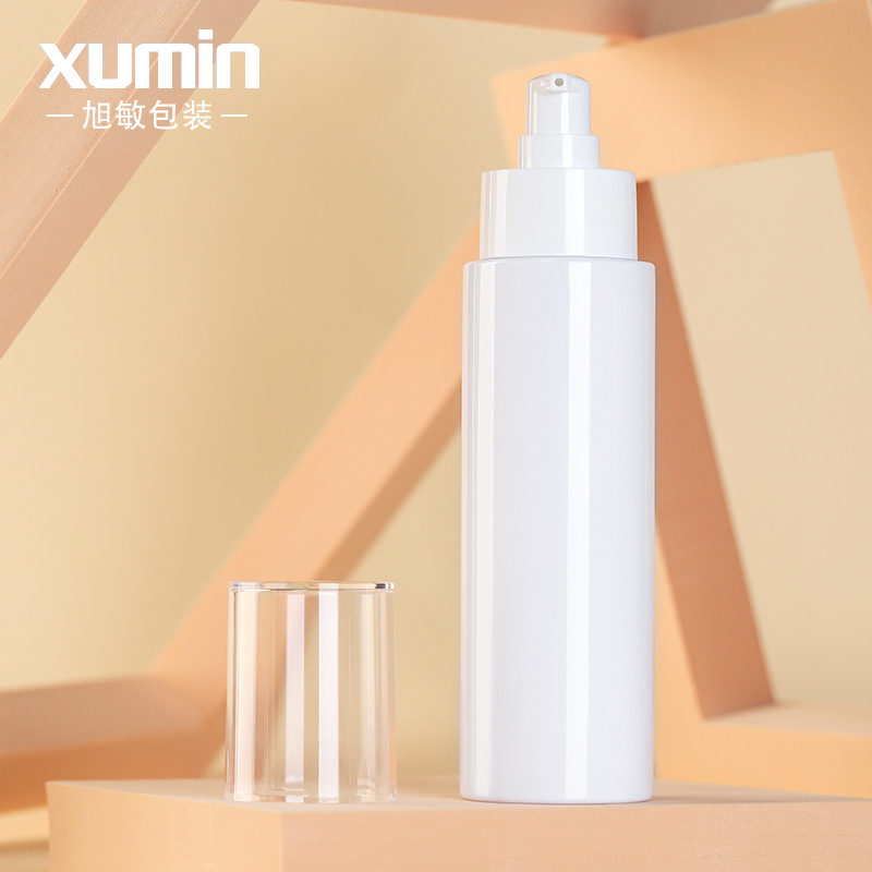 En stock Xumin 120ml blanco cabeza de la bomba botella de la prensa transparente cubierta completa botella de loción 150ml esmerilado botella de spray para mascotas