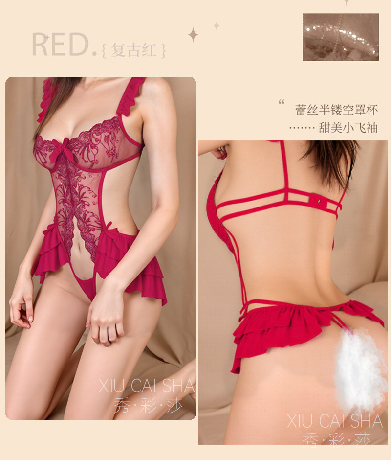 Lace Open-Back One-Piece Lingerie Set, Push-Up Design, Wine Red, One Size — detail image 12