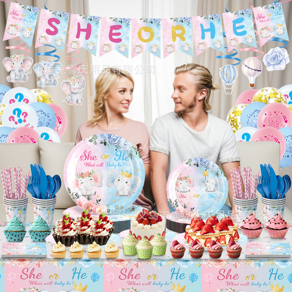 Amazon bebé género revelar partido decoración suministros niño niña plato de papel desechable taza de papel vajilla traje
