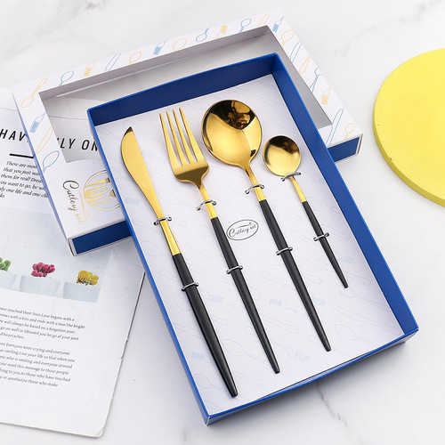 V stainless steel tableware, Portuguese cutlery, fork and spoon four-piece set, golden knife and fork, Western tableware set, gift gift