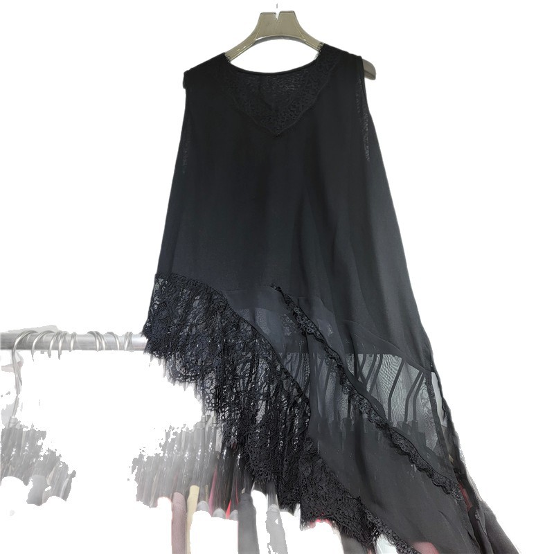 Irregular biselado V-cuello sin mangas chaleco vestido de mujer primavera y verano nuevo encaje de costura medio y largo plegado top image 5
