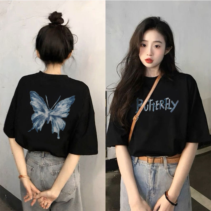 Fashion Butterfly Print Short-sleeved T-shirt Women's 2025 Summer New Black Wide Looser Shoulder Half-sleeved Cotton Top Trendy