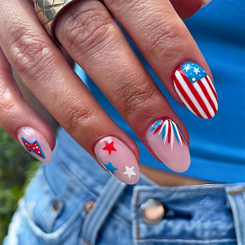 Cross-Border Independence Day Nail Art Stripes Fireworks Stars Flag Red White Blue Series Wearable Nails Fourth of July Fake Nails
