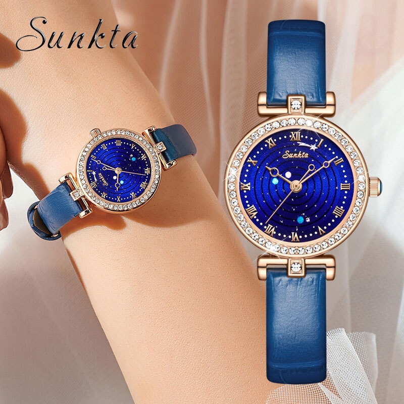 Sunkta/Lige New Elegant Women's Waterproof Quartz Watch with Diamonds in Interstellar Galaxy Design, Available in Rose Gold, Blue, and Silver Blue Sunkta/Lige New Elegant Women's Waterproof Quartz Watch with Diamonds in Interstellar Galaxy Design, Available in Rose Gold, Blue, and Silver Blue