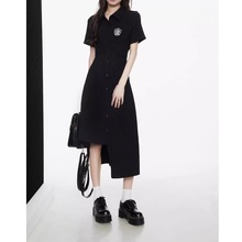 2024韩版早春校园风POLO短袖连衣裙女小个子设计感不规则下摆长裙