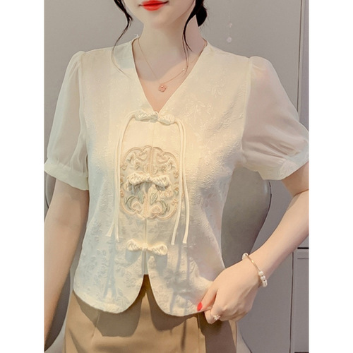New Chinese Style Collarless Button Shirt for Women - Summer 2025, Hand-Embroidered Short-Sleeve Top, Retro Patterned Blouse