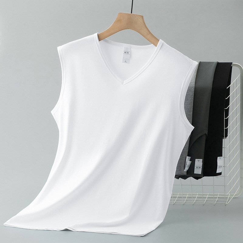モーダルコットンベストメンズ夏フィットネススポーツベストアイスシルククール速乾抗菌防ダニVネックノースリーブTシャツ